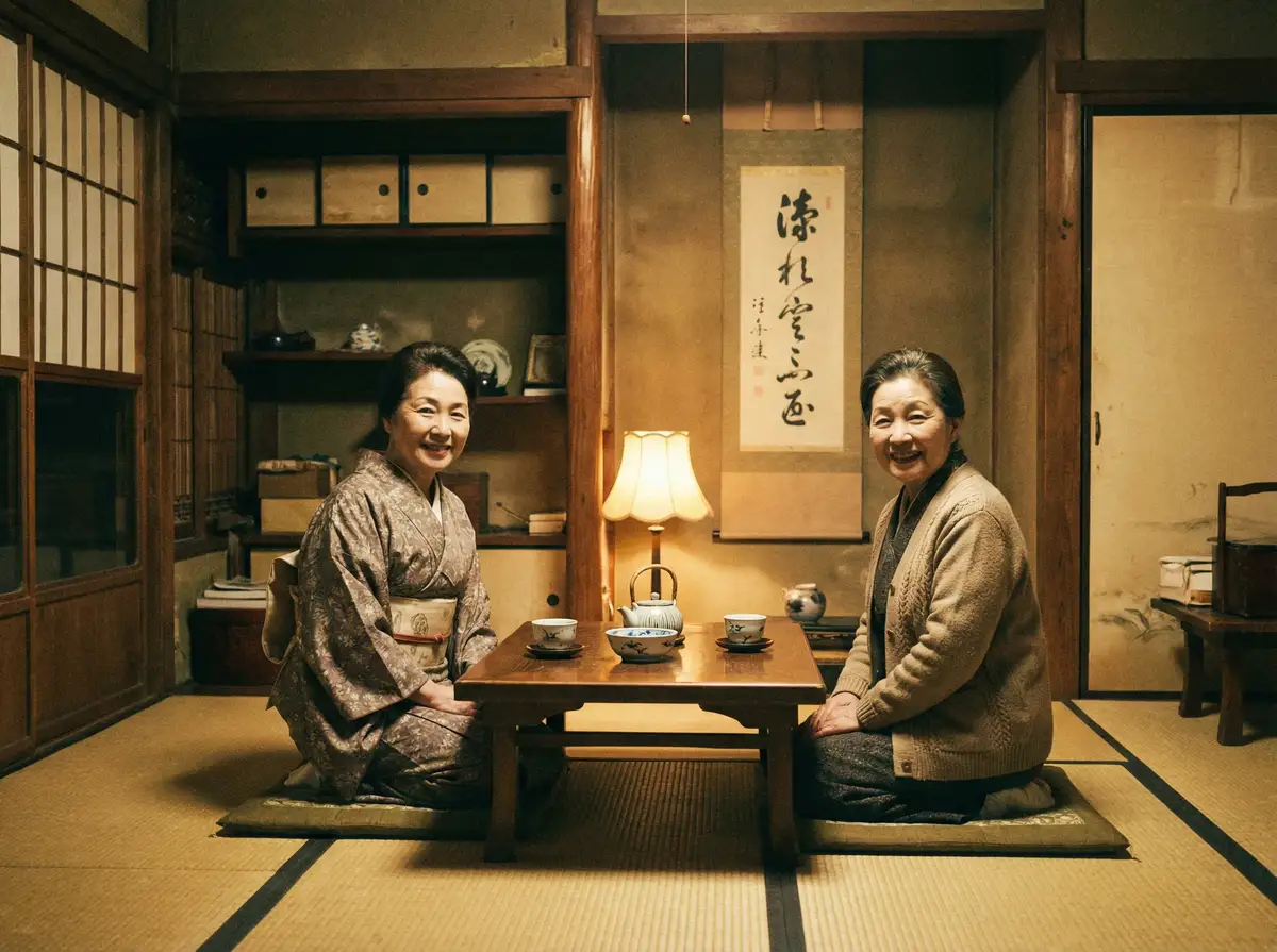 两位优雅的 香蕉视频 在日式茶室中品茶交谈